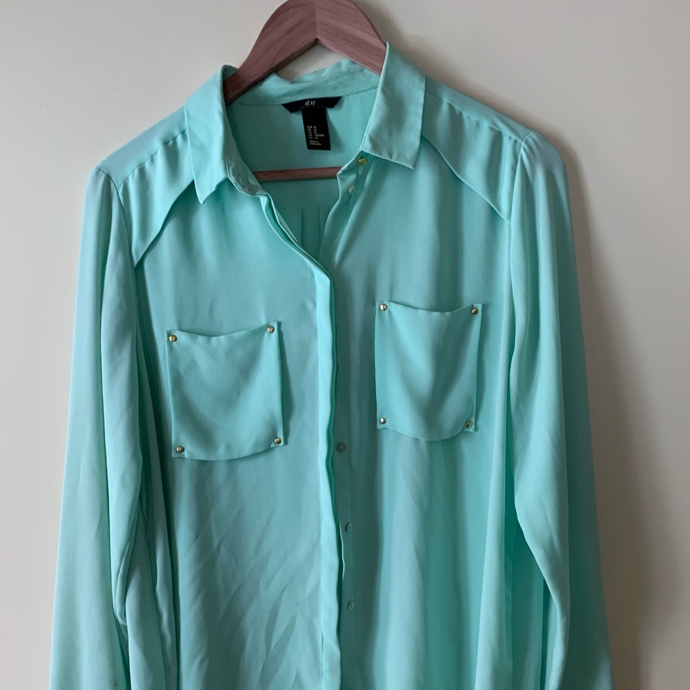 Mint green long sleeve collar blouse